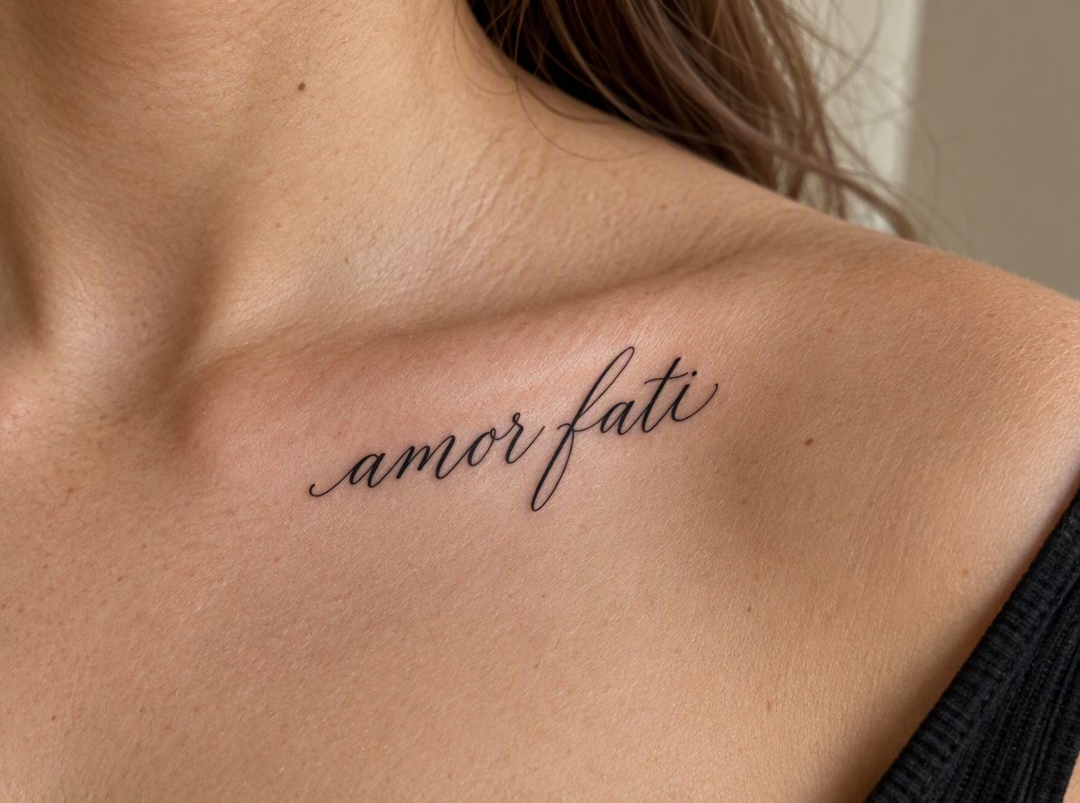 “amor fati” in script previewed on a collarbone (AI-generated preview)
