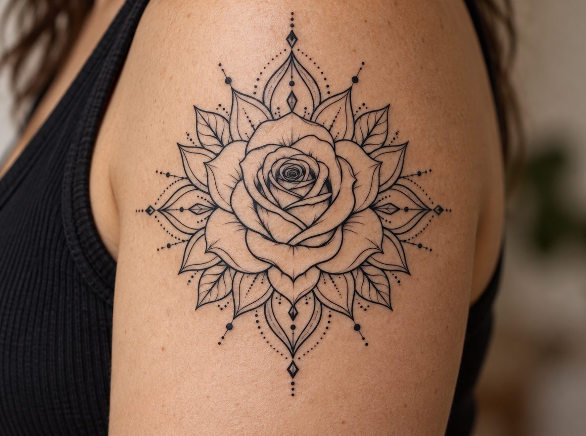 Geometric rose mandala previewed on a upper arm (AI-generated preview)