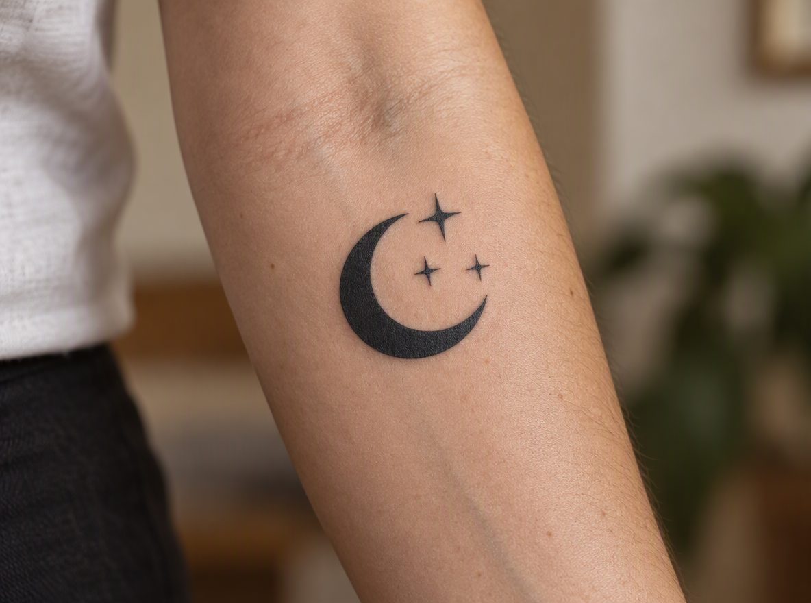 Crescent moon & stars previewed on a inner forearm (AI-generated preview)